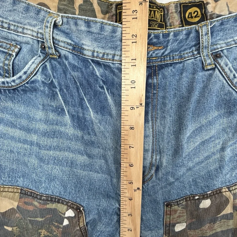 Akoo 99th Bombardier Blue Denim Mens Jean Shorts 42X11 Camo Patchwork Street EUC